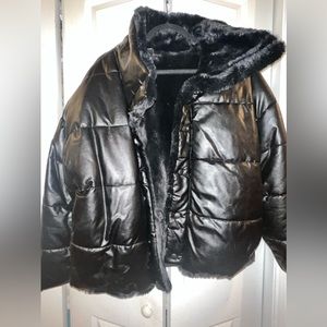 Express Heavyweight Black Faux Fur Leather Coat- L